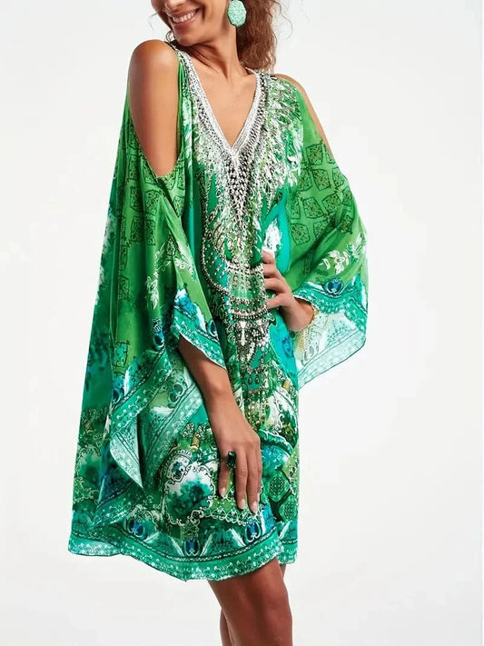 Women's Dress - Airy Kaftan Style - Loose Fit - Embroidered Detail - Elegant Pattern