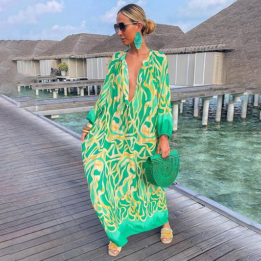 Women's Kaftan Dress - Loose Fit - Long Sleeve - V-Neck - Bohemian Beach Look