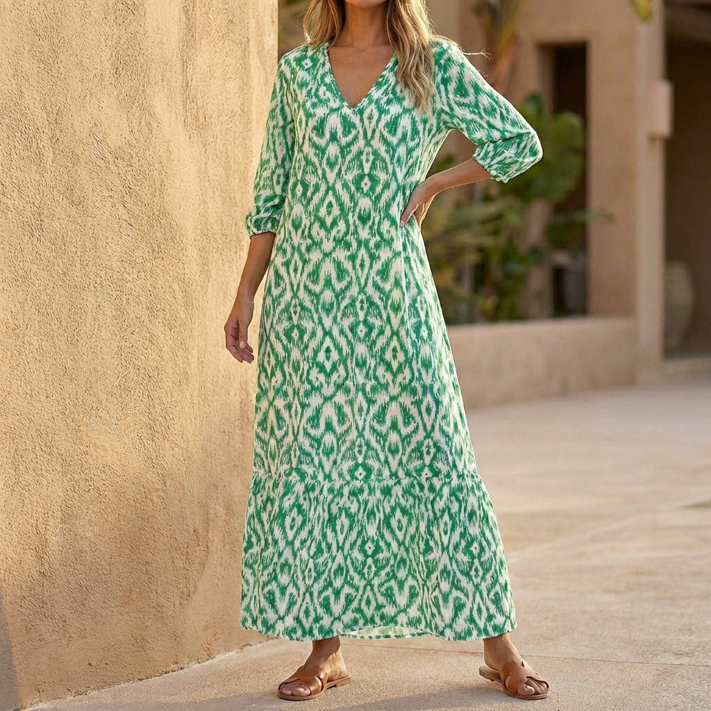 Printed V-Neck Maxi Dress for Women – Effortless Elegance & Everyday Comfort