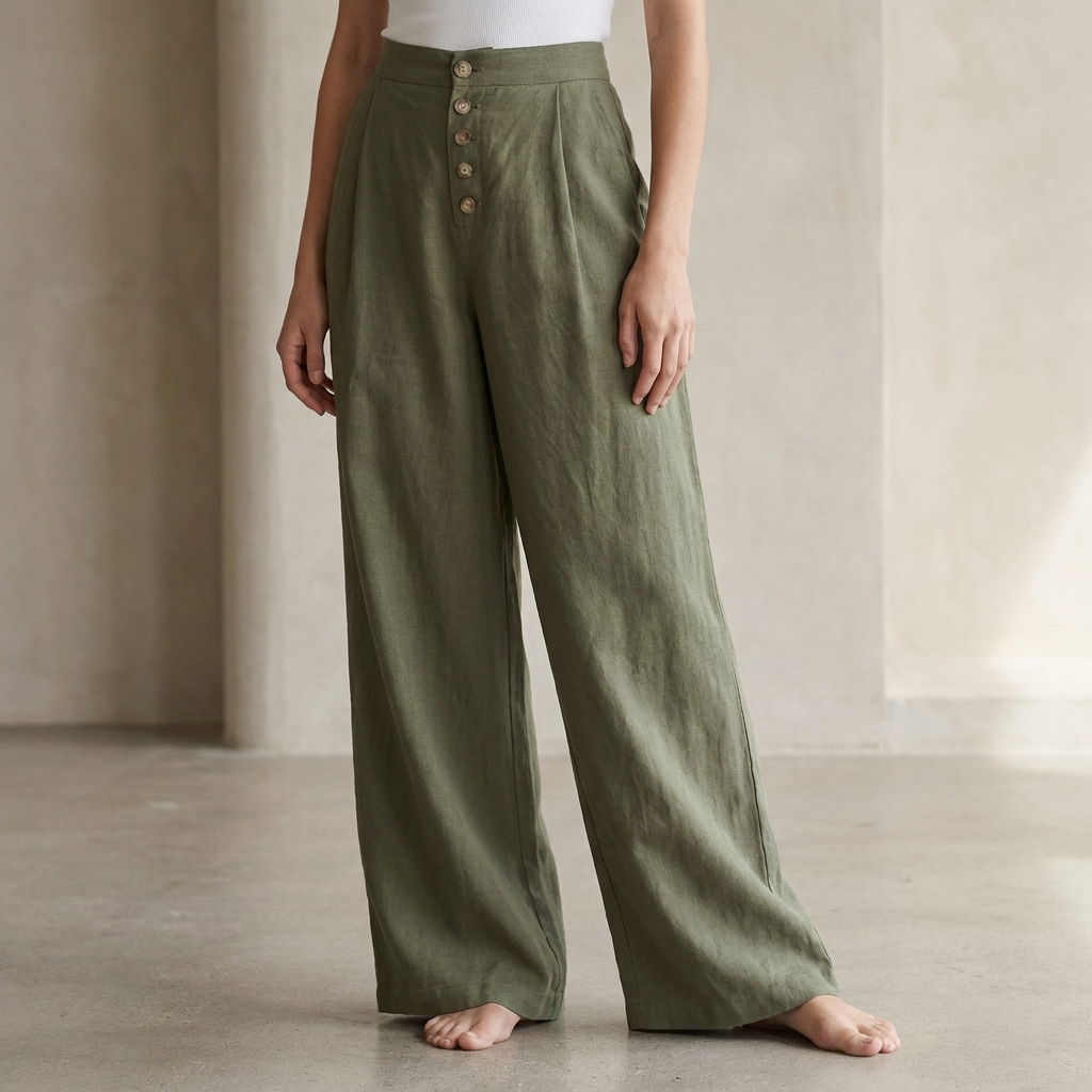 Pleated Button Front Wide-Leg Pants for Women – Stylish & Comfortable Design