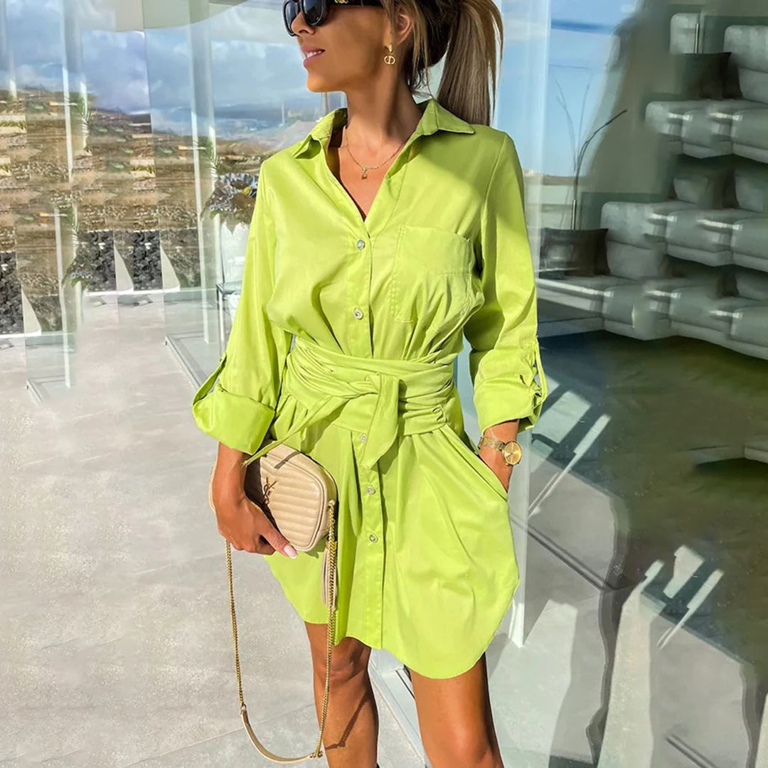 Women's Shirt Dress – Button Closure – Long Sleeved – Waist Belt – With Side Pockets