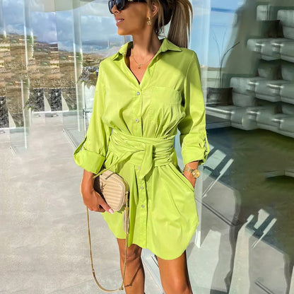 Women's Shirt Dress – Button Closure – Long Sleeved – Waist Belt – With Side Pockets