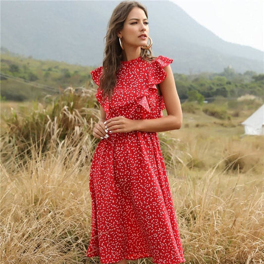 Women's Midi Dress - Sleeveless A-line - Ruffle Details & High Neck - Light and Elegant