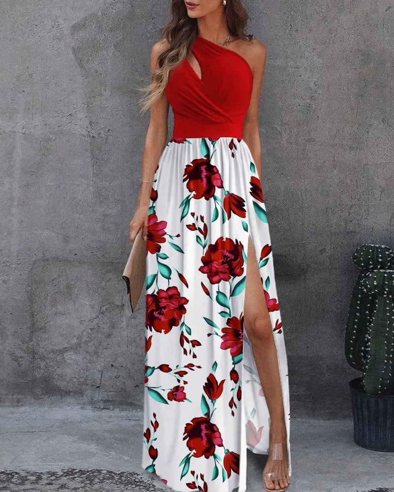Women's Evening Dress – Asymmetric One-Shoulder – Pleated Skirt with High Slit – Elegant Cut