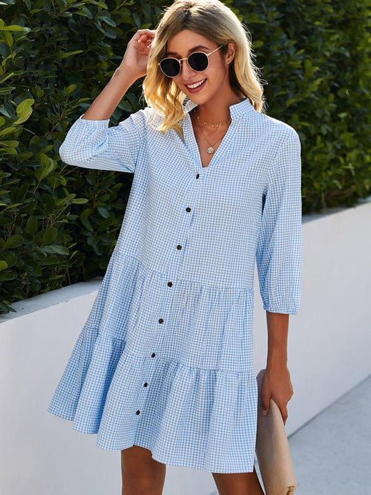 Women's Dress - A-line - Gingham Pattern - 3/4 Sleeves - Button Closure - Short Length