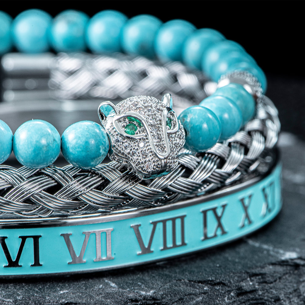 Benjamin Two-Piece Set | Beaded Panther Charm Braided Cuff Bracelet Set