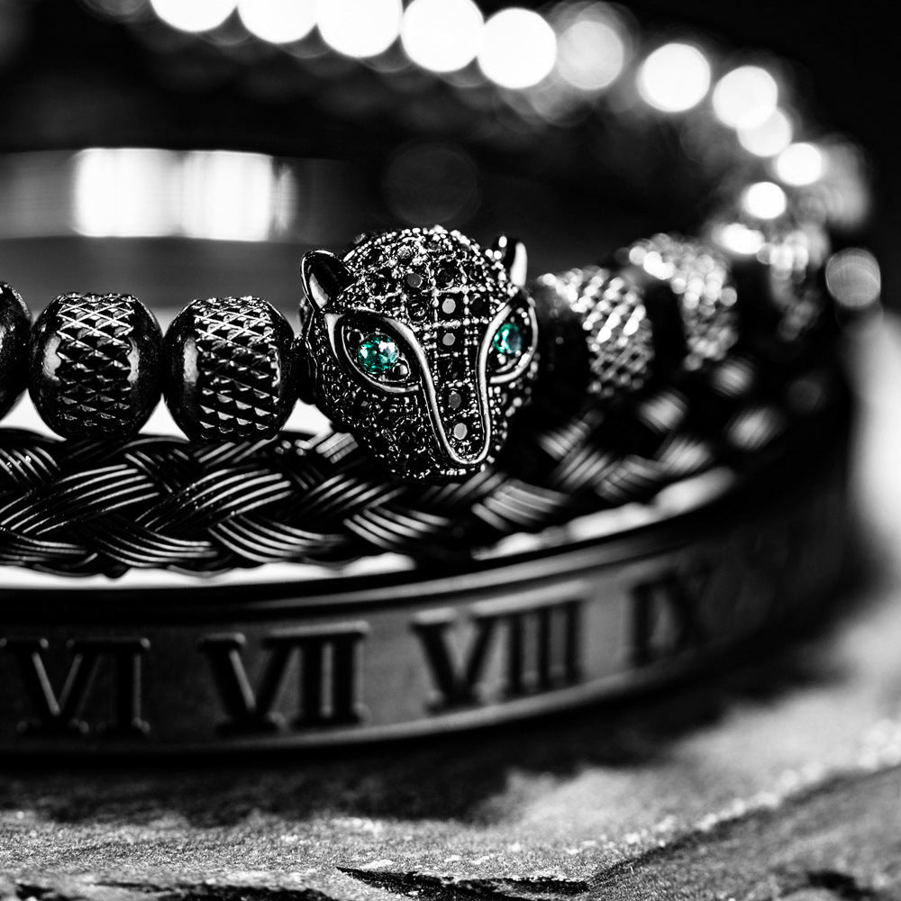 Benjamin Two-Piece Set | Beaded Panther Charm Braided Cuff Bracelet Set