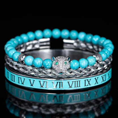 Benjamin Two-Piece Set | Beaded Panther Charm Braided Cuff Bracelet Set