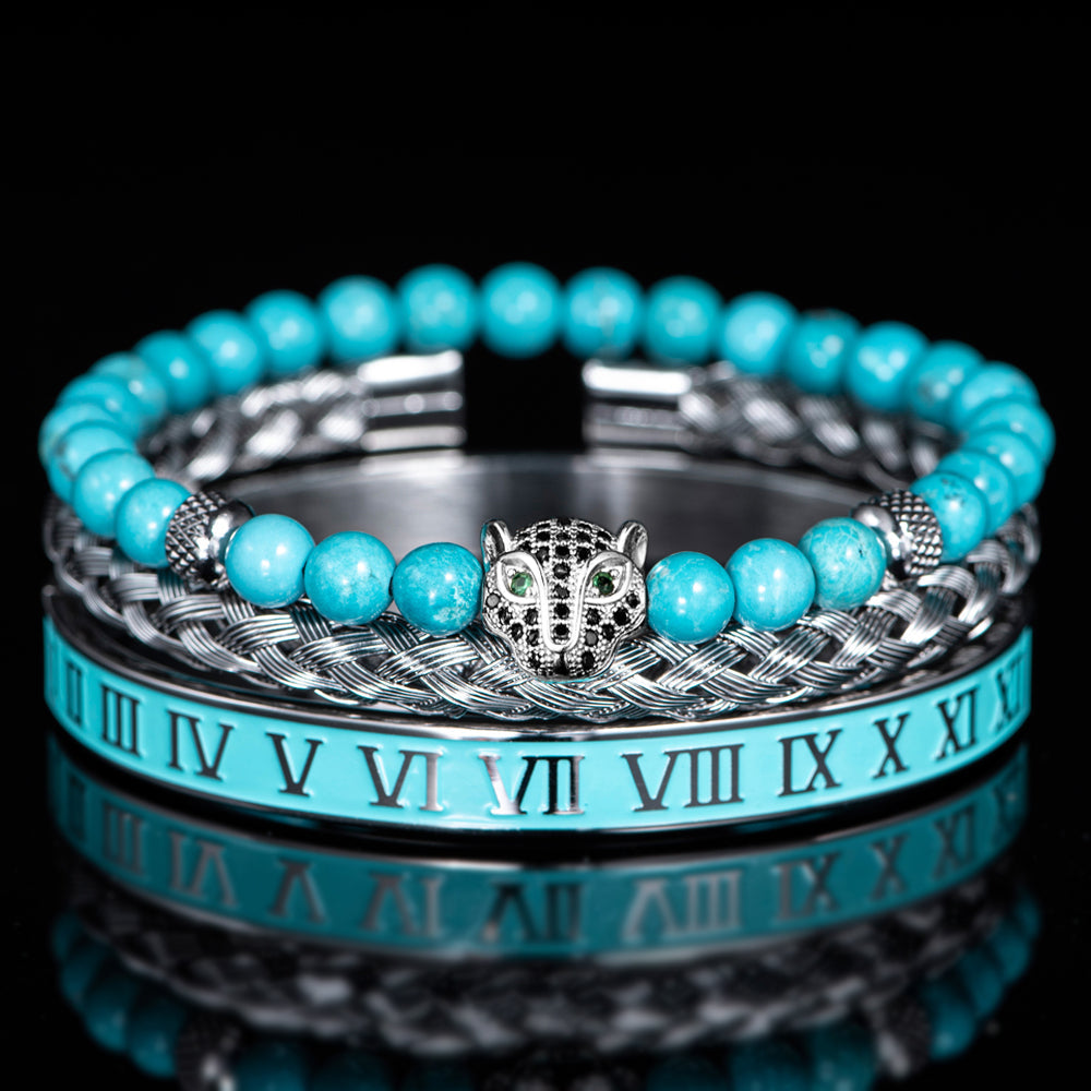Benjamin Two-Piece Set | Beaded Panther Charm Braided Cuff Bracelet Set