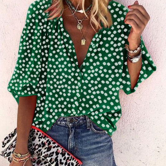 Women's Blouse - V-neck Button Closure - Short Puff Sleeves - Light and Breathable