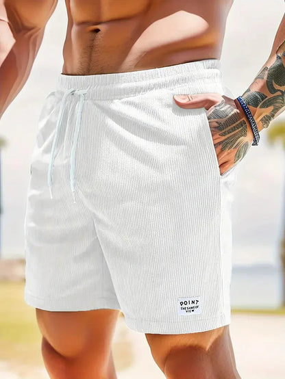 Men's Shorts - Ribbed Fabric - Relaxed Fit - Elastic Waist with Drawstring - Side Pockets