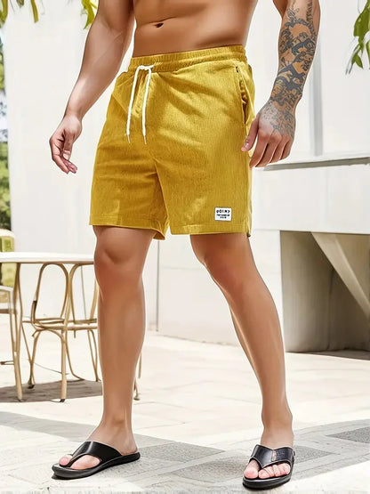 Men's Shorts - Ribbed Fabric - Relaxed Fit - Elastic Waist with Drawstring - Side Pockets