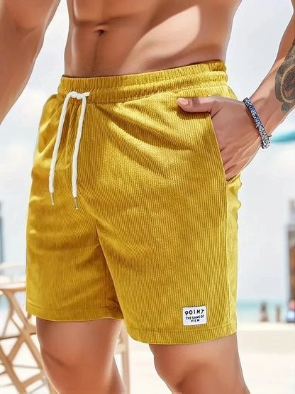 Men's Shorts - Ribbed Fabric - Relaxed Fit - Elastic Waist with Drawstring - Side Pockets