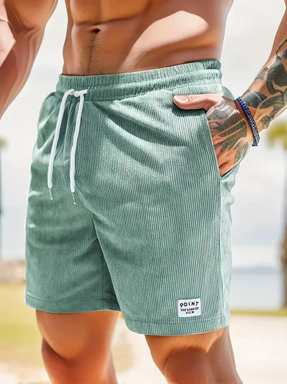 Men's Shorts - Ribbed Fabric - Relaxed Fit - Elastic Waist with Drawstring - Side Pockets