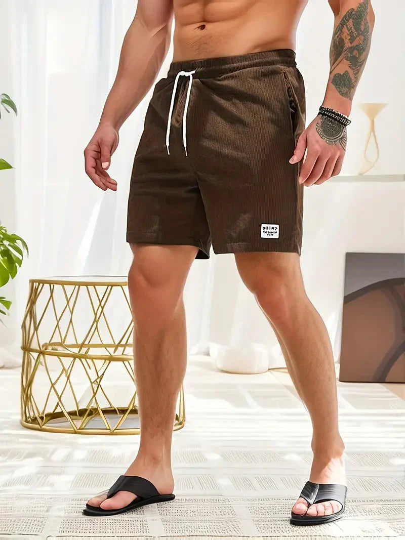 Men's Shorts - Ribbed Fabric - Relaxed Fit - Elastic Waist with Drawstring - Side Pockets