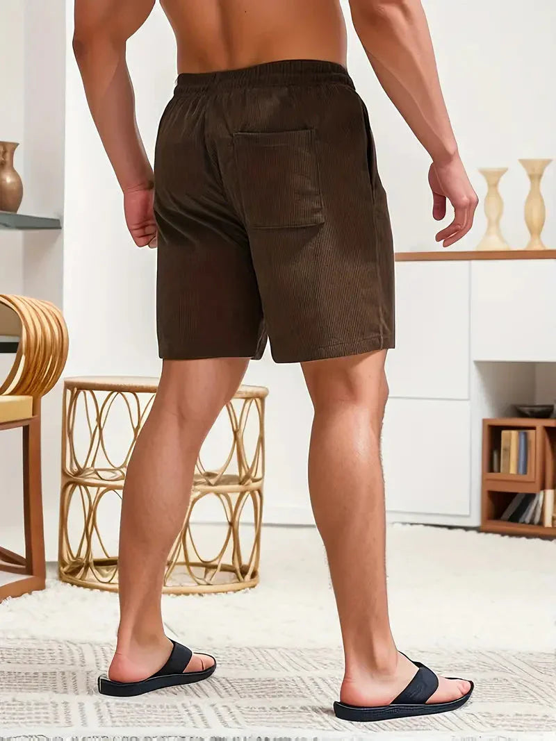Men's Shorts - Ribbed Fabric - Relaxed Fit - Elastic Waist with Drawstring - Side Pockets