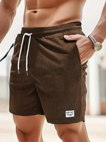 Men's Shorts - Ribbed Fabric - Relaxed Fit - Elastic Waist with Drawstring - Side Pockets