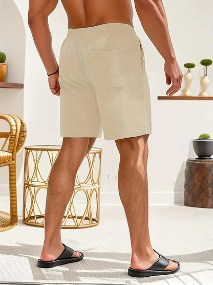 Men's Shorts - Ribbed Fabric - Relaxed Fit - Elastic Waist with Drawstring - Side Pockets