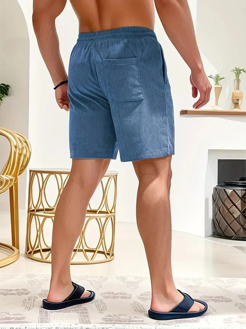 Men's Shorts - Ribbed Fabric - Relaxed Fit - Elastic Waist with Drawstring - Side Pockets