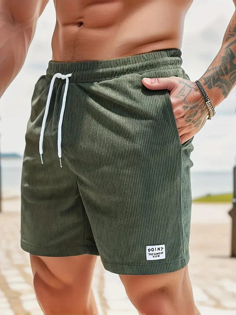 Men's Shorts - Ribbed Fabric - Relaxed Fit - Elastic Waist with Drawstring - Side Pockets