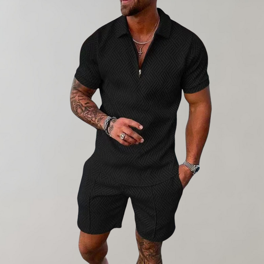 Men's Jumpsuit - Lightweight Fabric - Short-Sleeved with Zipper - Polo Collar - Textured Pattern