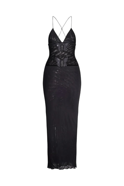 Women's Maxi Dress – Sleeveless – Open Back with Butterfly Details – Slim Fit