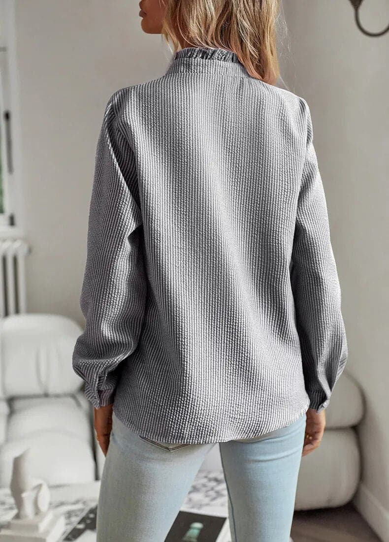 Women's Blouse - Light Crinkle Effect - Button Closure with Ruffle Details - Long-Sleeved Loose Fit