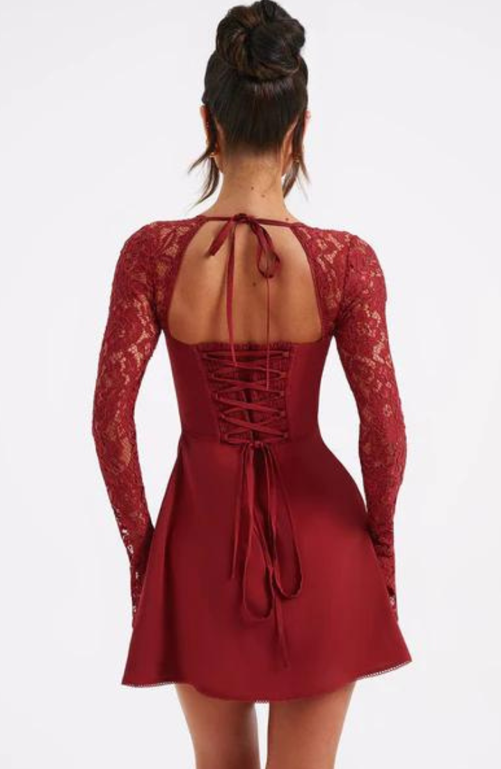 Women Mini Dress - A-line Fit - Lace and Bow Details - Long Sleeves