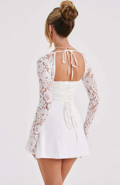 Women Mini Dress - A-line Fit - Lace and Bow Details - Long Sleeves