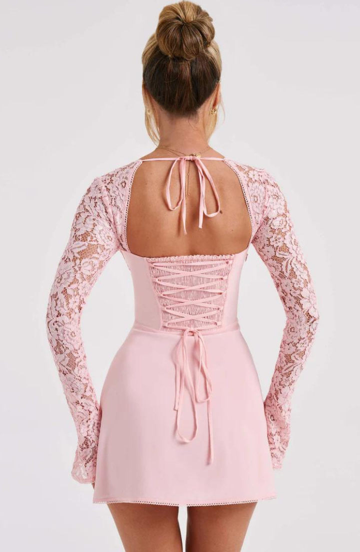 Women Mini Dress - A-line Fit - Lace and Bow Details - Long Sleeves