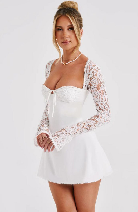 Women Mini Dress - A-line Fit - Lace and Bow Details - Long Sleeves