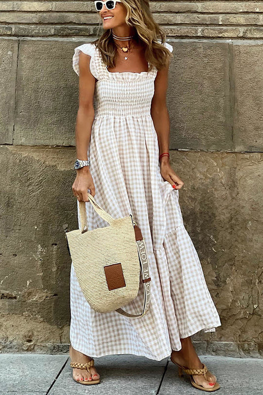 Women's Maxi Dress - Checkered Pattern - Ruffle Details - Smocked Waist - Airy Fit