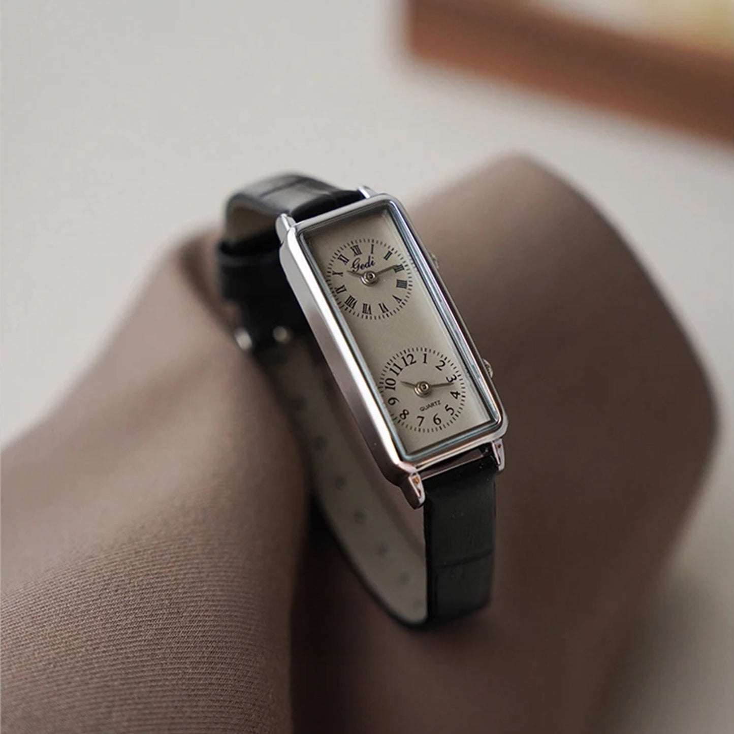 Amelia Faux Leather Rectangular Case Wristwatch | Dual Dial Roman Numerals Wristwatch