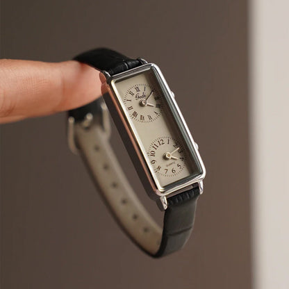 Amelia Faux Leather Rectangular Case Wristwatch | Dual Dial Roman Numerals Wristwatch