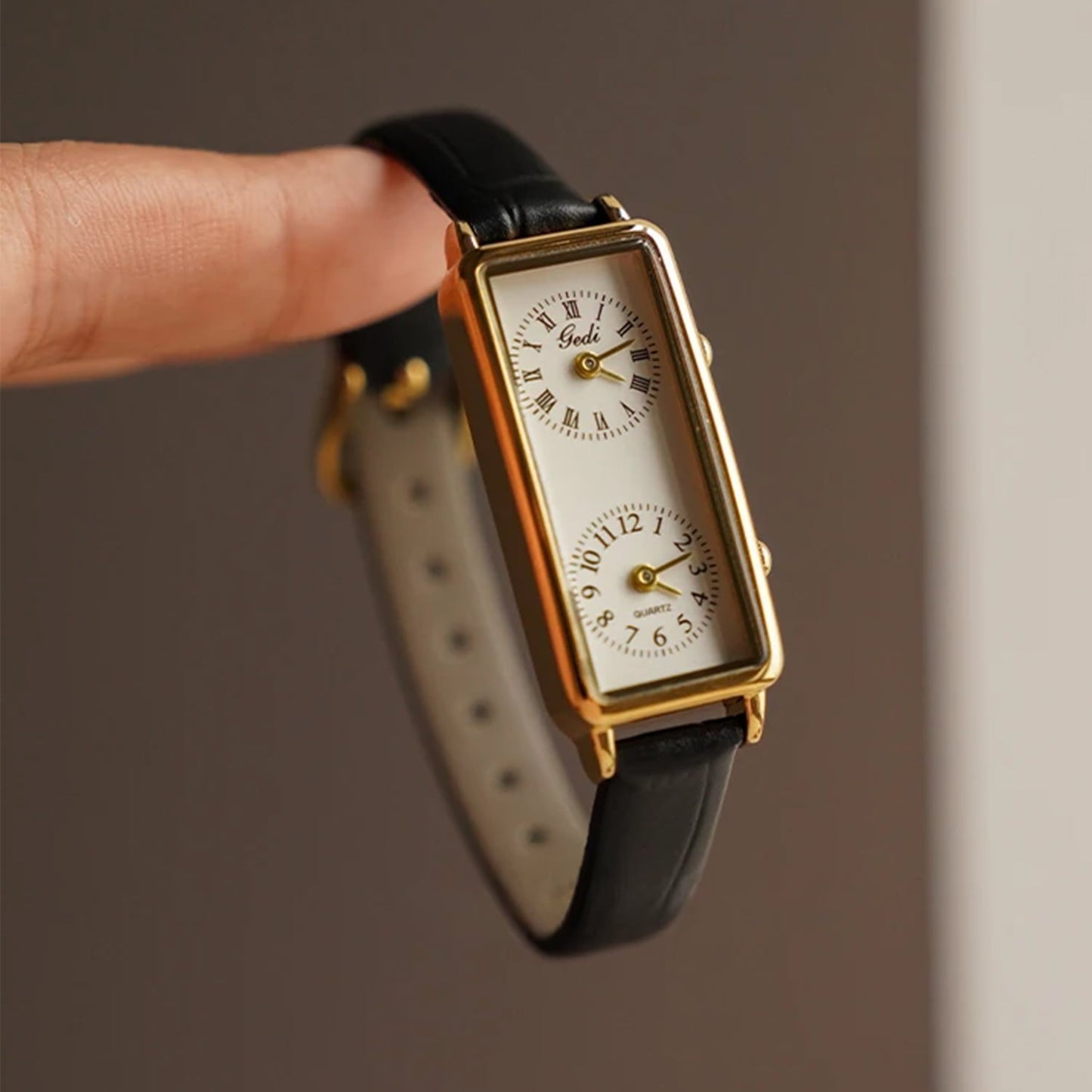 Amelia Faux Leather Rectangular Case Wristwatch | Dual Dial Roman Numerals Wristwatch