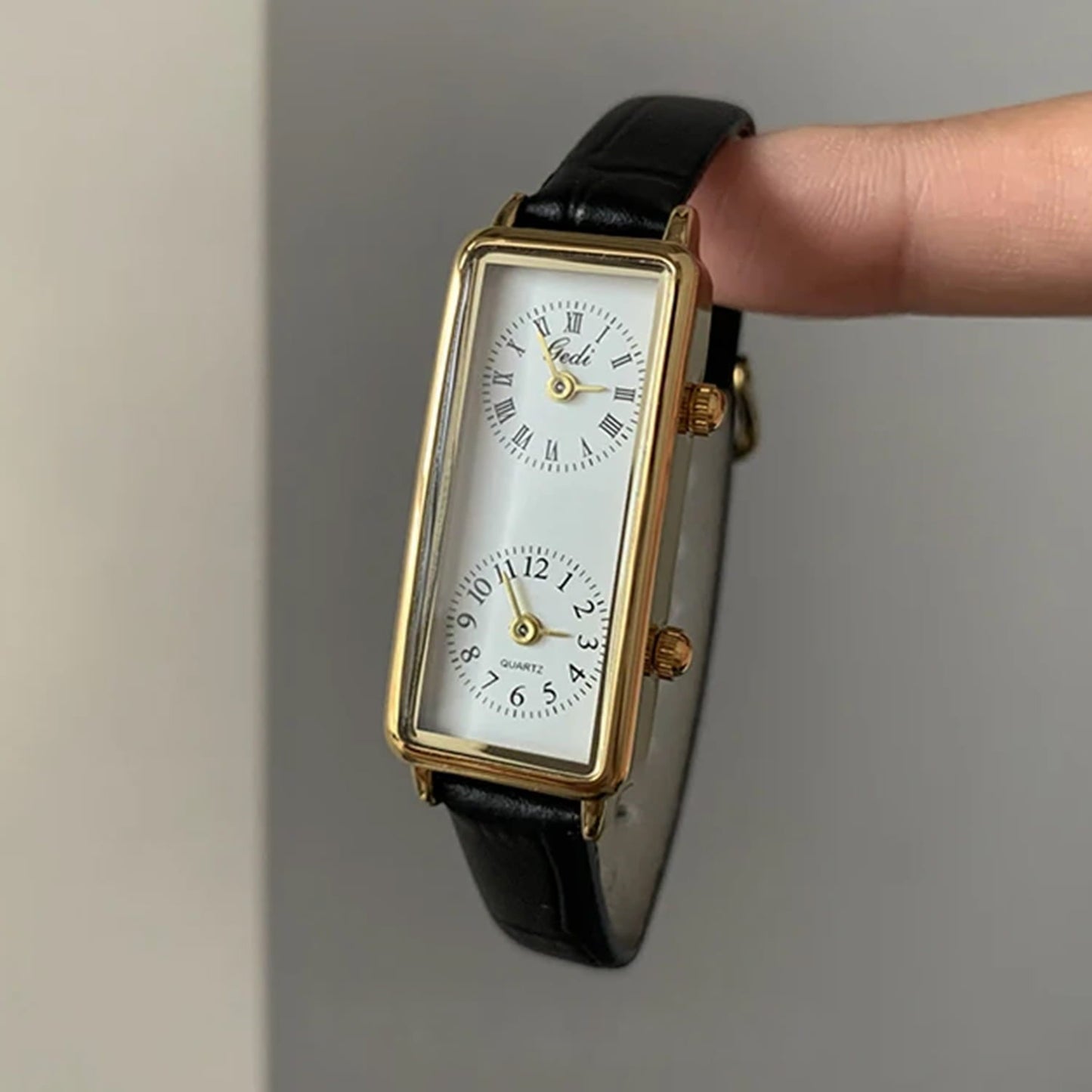 Amelia Faux Leather Rectangular Case Wristwatch | Dual Dial Roman Numerals Wristwatch