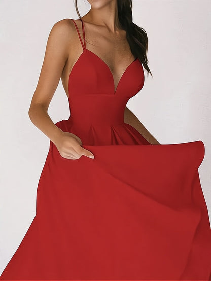 Women's Party Dress - V-Neck - Spaghetti Straps - Fitted Waist - Long A-Line Skirt