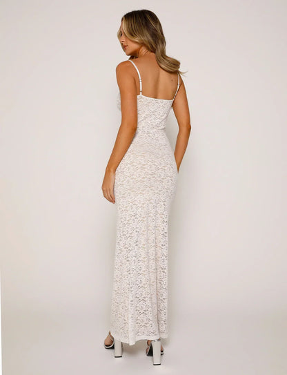 Women's Maxi Dress – Slim Fit – Lace – Spaghetti Straps – V-Neck Evening Look