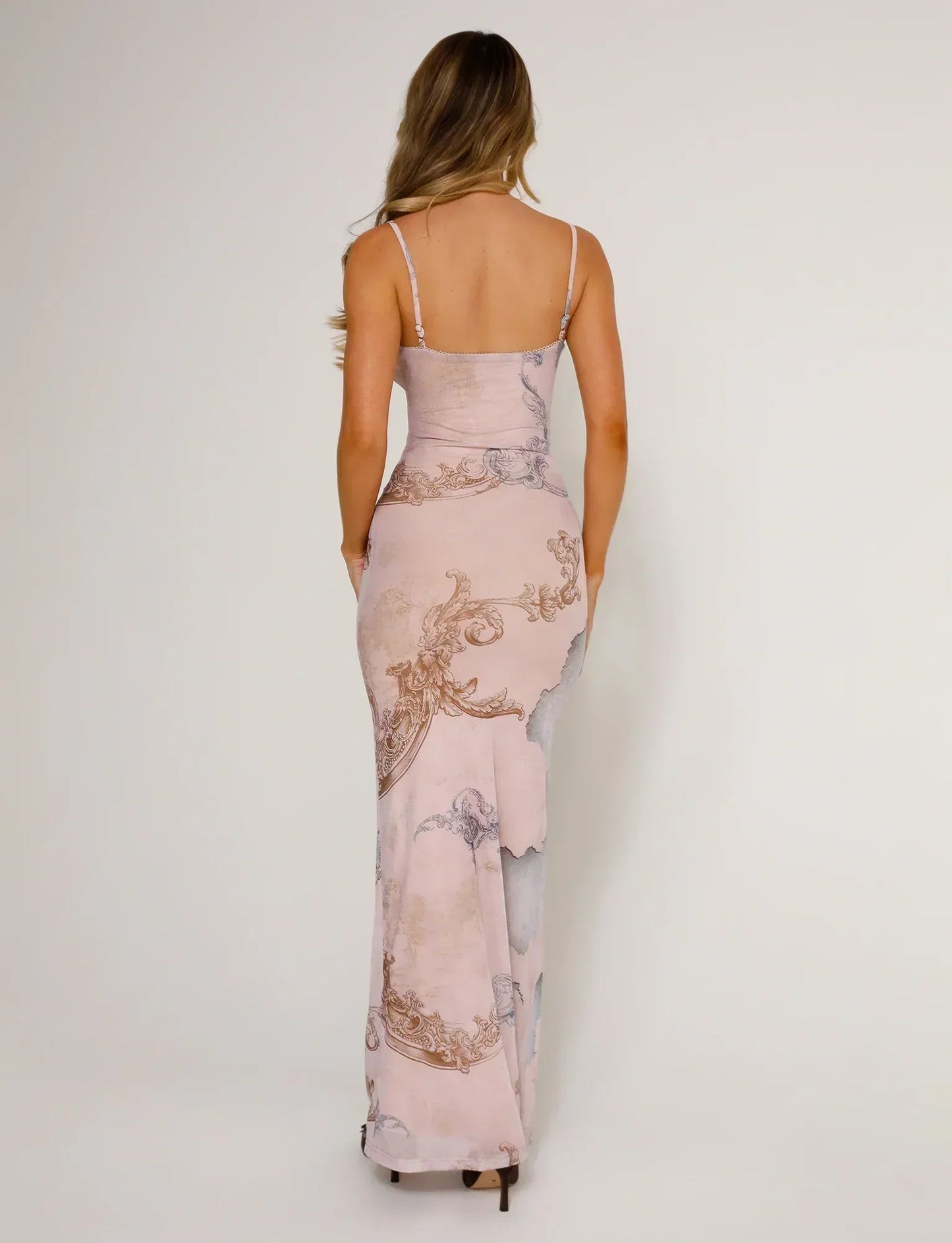 Women's Maxi Dress – Fitted Silhouette – V-Neck – Thin Straps – Floral Lace