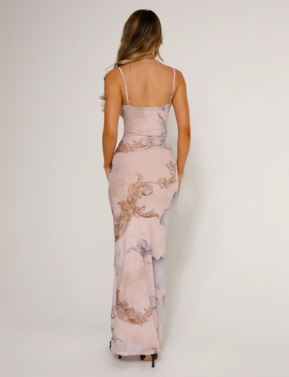 Women's Maxi Dress – Fitted Silhouette – V-Neck – Thin Straps – Floral Lace
