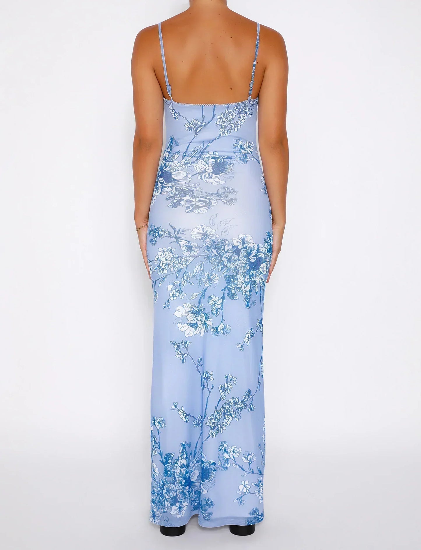 Dress for Women – Slim Fit – Spaghetti Straps – Ankle Length – Floral Details