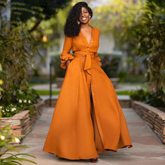 Women's Maxi Dress - V-Neck - Button Closure - Waist Tie - Long Sleeves with Ruffle Trim