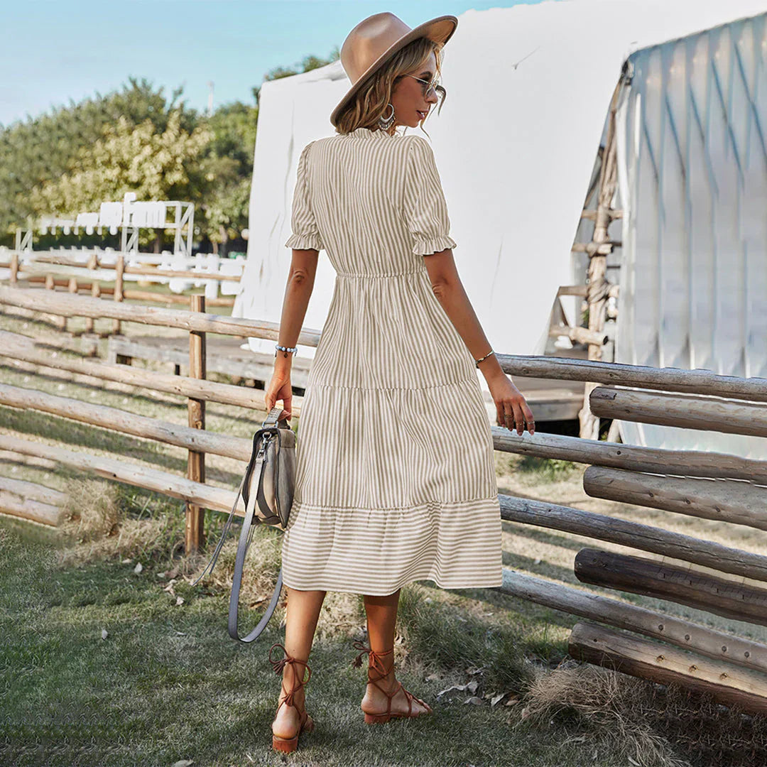 Women's Dress - Bohemian V-neck - Button Closure - Puff Sleeves - Light and Breathable