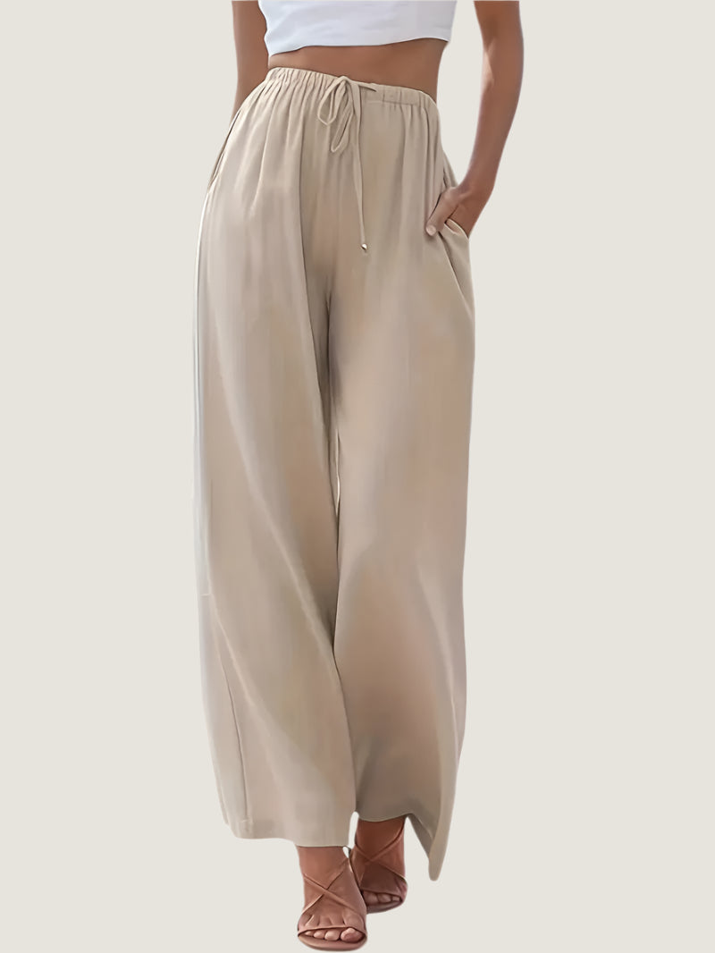 Women's Trousers – Wide Fit – Linen Blend – Drawstring Closure – With Side Pockets