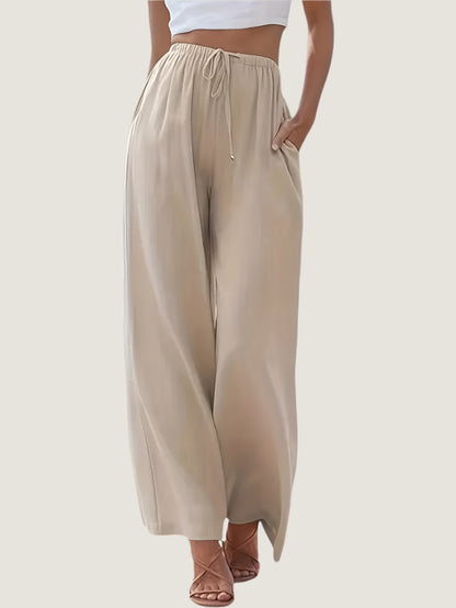 Women's Trousers – Wide Fit – Linen Blend – Drawstring Closure – With Side Pockets
