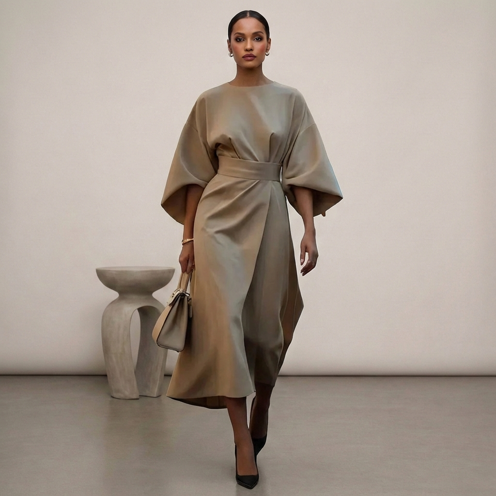 Relaxed Fit Belted Draped Midi Dress for Women – Elegant Stylish Comfort