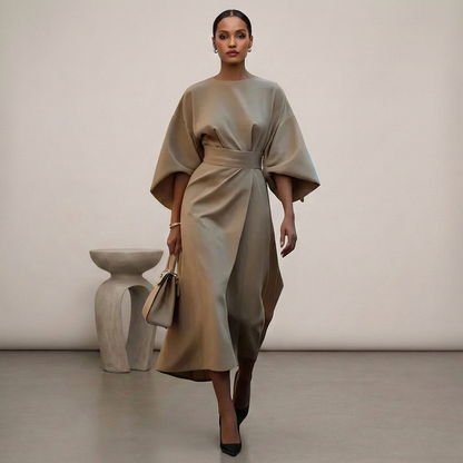 Relaxed Fit Belted Draped Midi Dress for Women – Elegant Stylish Comfort