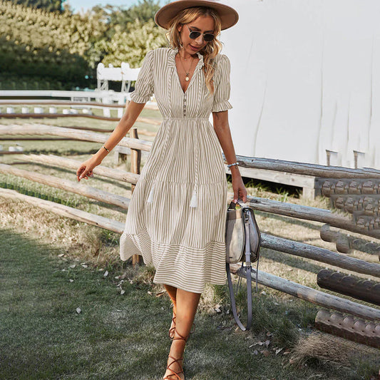 Women's Dress - Bohemian V-neck - Button Closure - Puff Sleeves - Light and Breathable
