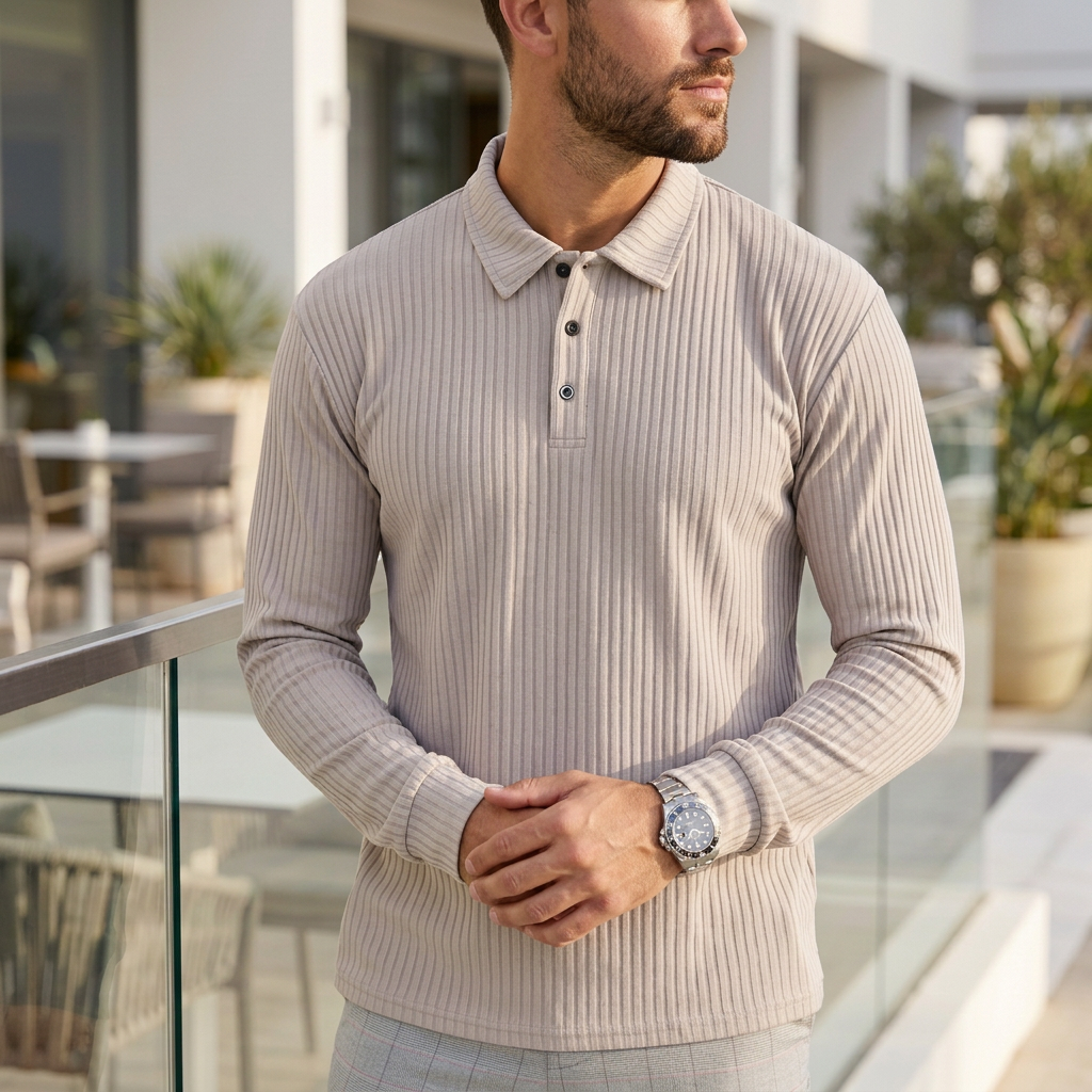 Ribbed Long Sleeve Polo Shirt for Men – Modern Everyday Comfort