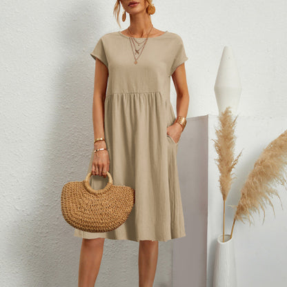Women's Dress - Loose Fit - Round Neck - Short Sleeves - Light and Breathable